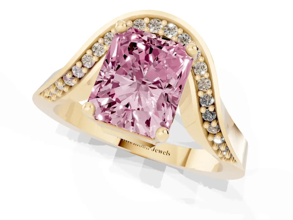 Fancy Pink Radiant Cut Solitaire Diamond Engagement Ring with Pave Band and Four-Prong Setting Yellow gold