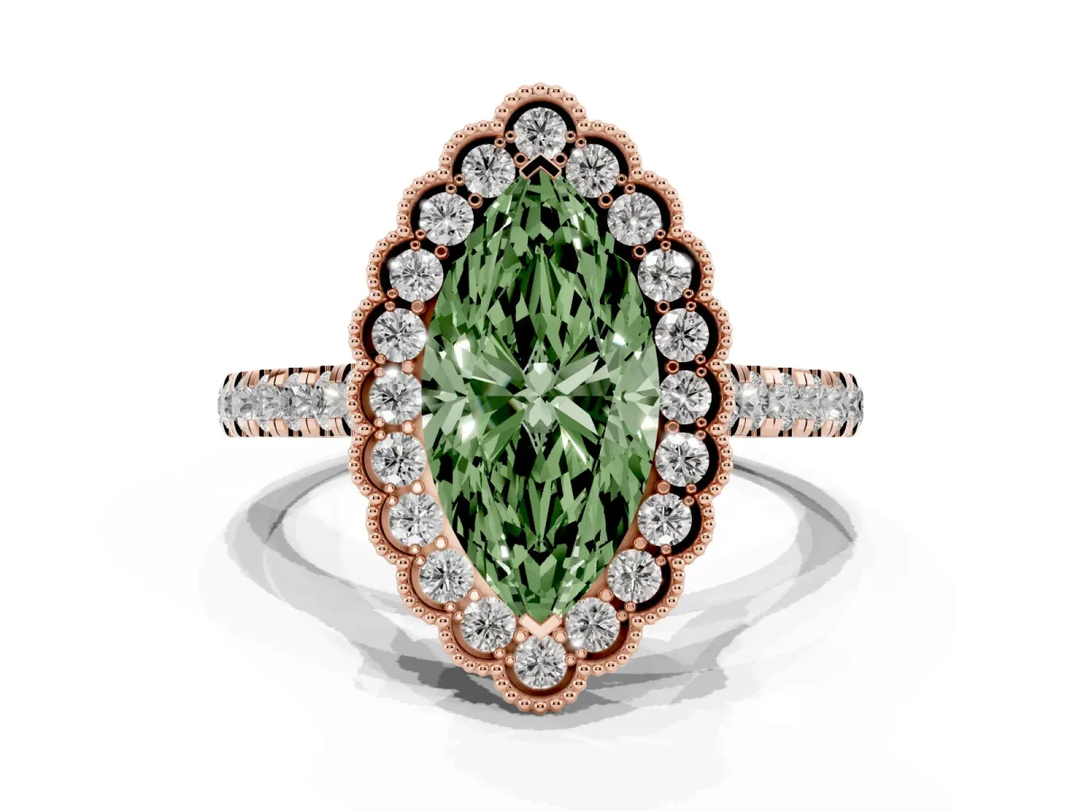 Fancy Green Marquise Cut Cut Diamond Milgrain Floral Halo Engagement Ring with Pavé Band Rose gold