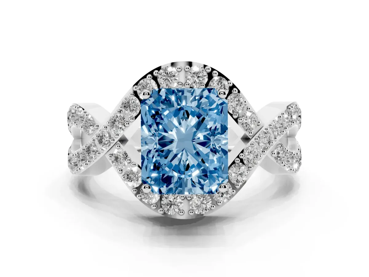 Fancy Blue Radiant Cut Solitaire Twist Band Pavé Diamond Engagement Ring Platinum