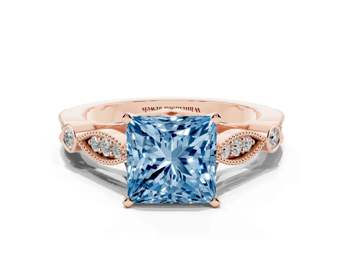 Fancy Blue Princess Cut Cut Diamond with Milgrain Marquise and Bezel Accents on a Solitaire Band with Prong Setting Rose gold