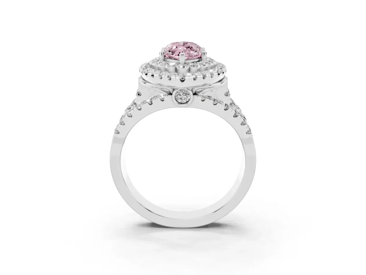 Fancy Pink Marquise Cut Diamond Double Halo Ring with Round Pavé Split Shank and Prong Setting Silver