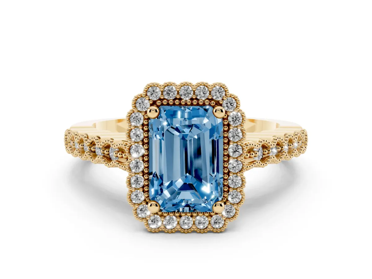 Fancy Blue Radiant Cut Cut Halo Pavé Solitaire Ring with Milgrain Band Yellow gold