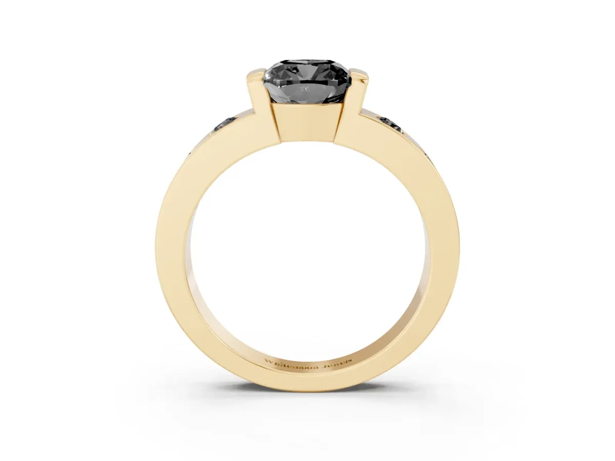 Fancy Black Cushion Cut Brilliant Channel-Set Diamond Ring with Bezel Prong Setting Yellow gold