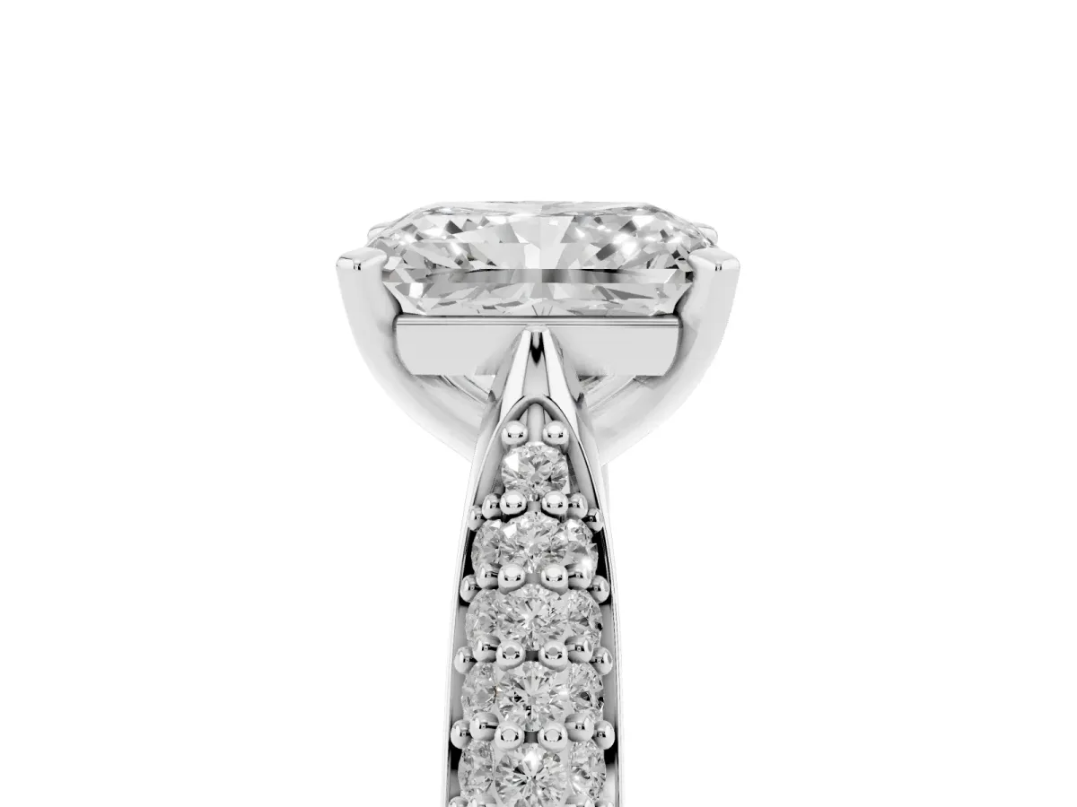 Radiant Cut Diamond Solitaire Engagement Ring with Multi-Row Round Pavé Band and Prong Setting Platinum