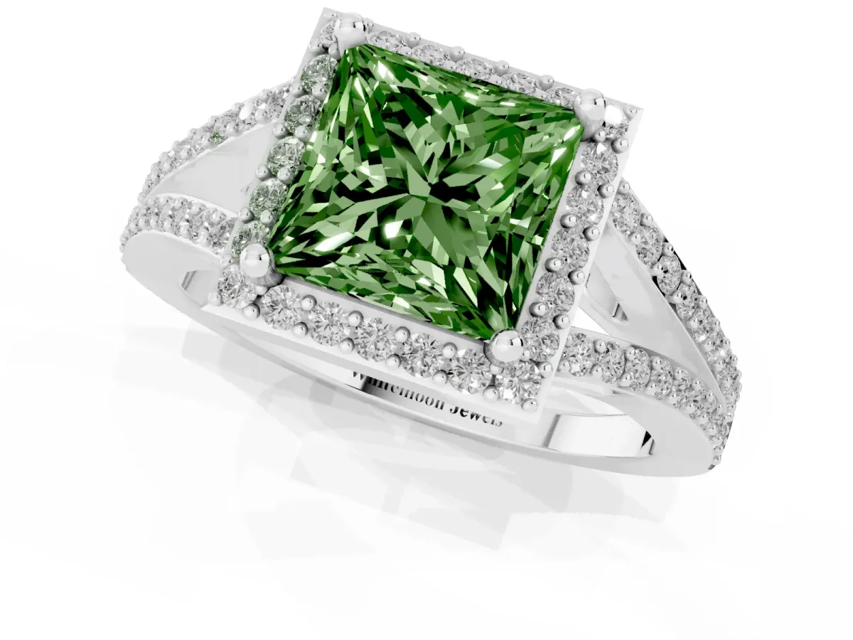 Fancy Green Princess Cut Halo Split Shank Pave Diamond Ring with Four-Prong Setting Silver