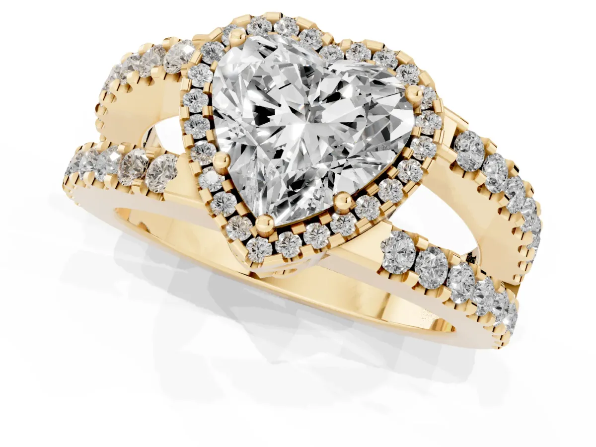 Heart Cut Cut Halo Split Shank Diamond Ring with Four-Prong Setting Yellow gold