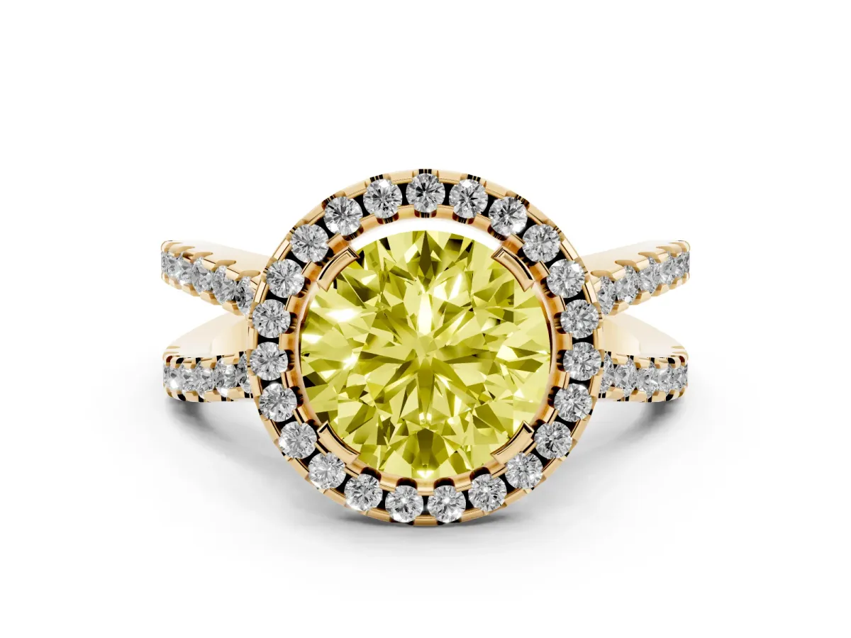 Fancy Yellow Round Cut Diamond Halo Ring with Split Shank Pavé Band and Prong Setting Yellow gold