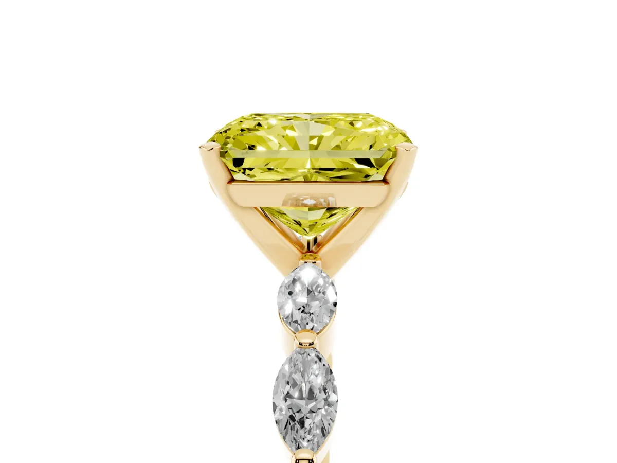 Fancy Yellow Radiant Cut Diamond Ring with Marquise Side Stones and Prong Setting Yellow gold