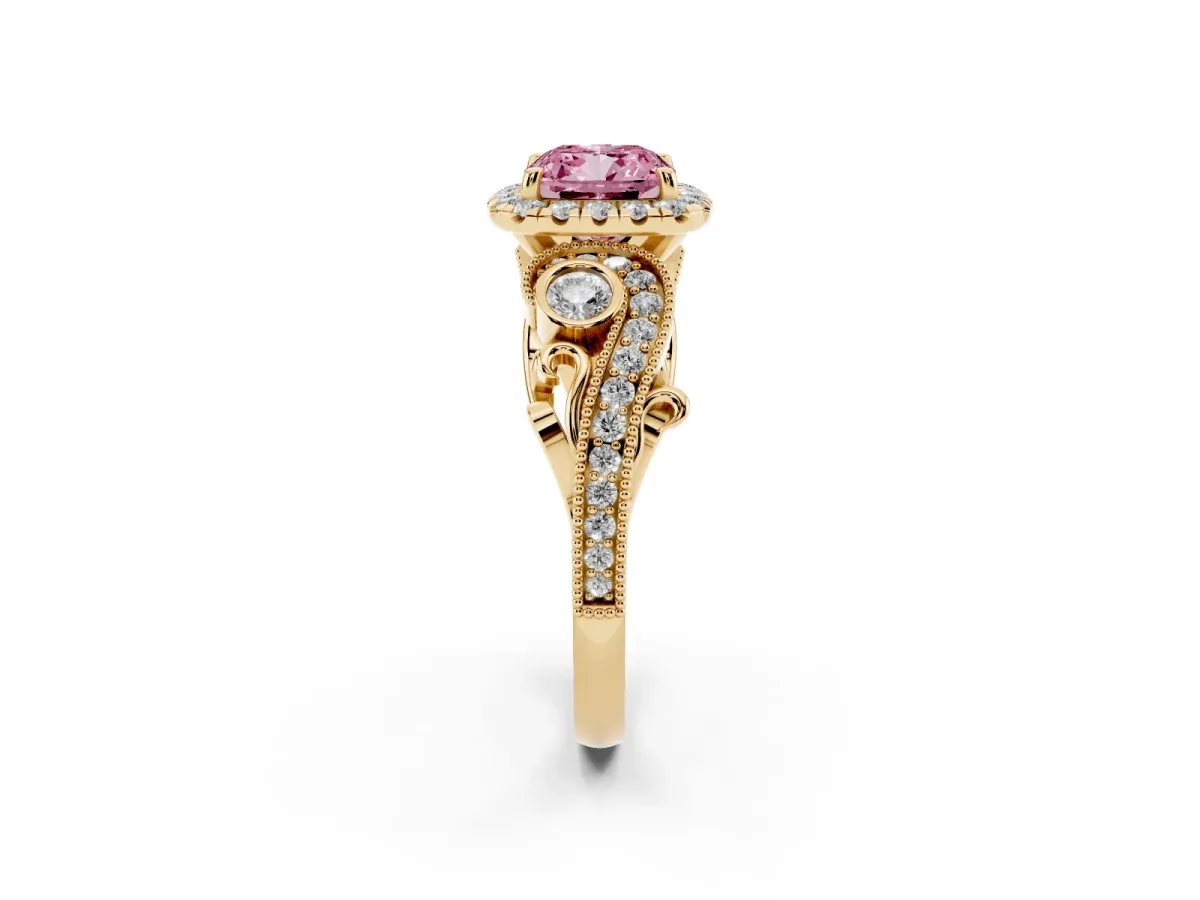 Fancy Pink Cushion Cut Diamond Halo Ring with Milgrain Pavé Band and Four-Prong Setting Yellow gold