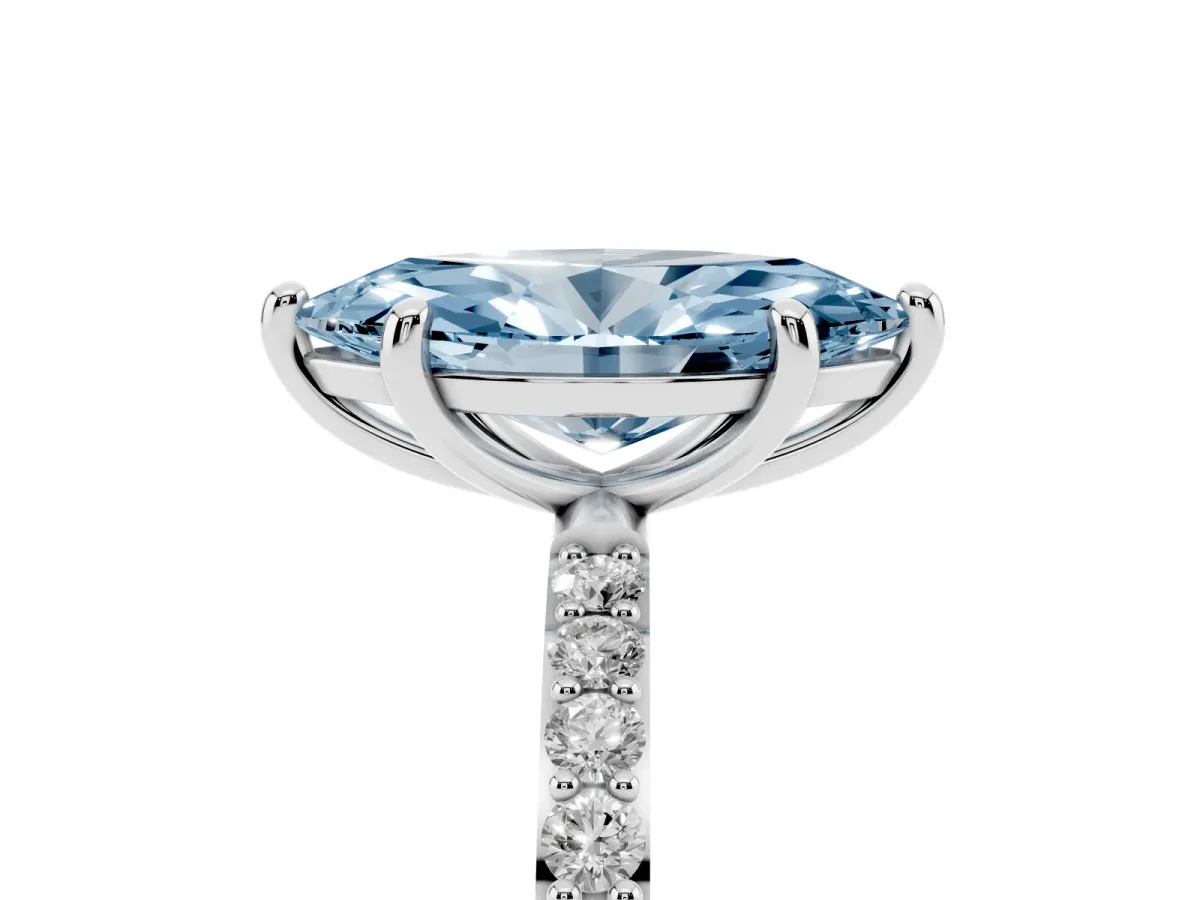 Fancy Blue Marquise Cut Diamond Solitaire Ring with Round Pavé Band and Prong Setting Silver
