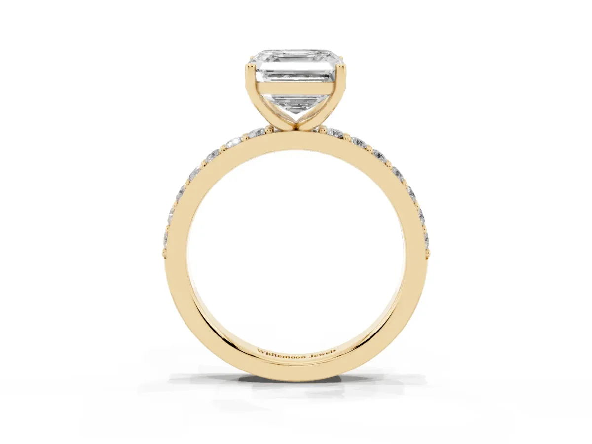 Asscher Cut Cut Diamond Solitaire with Pave Band and Four-Prong Setting Yellow gold