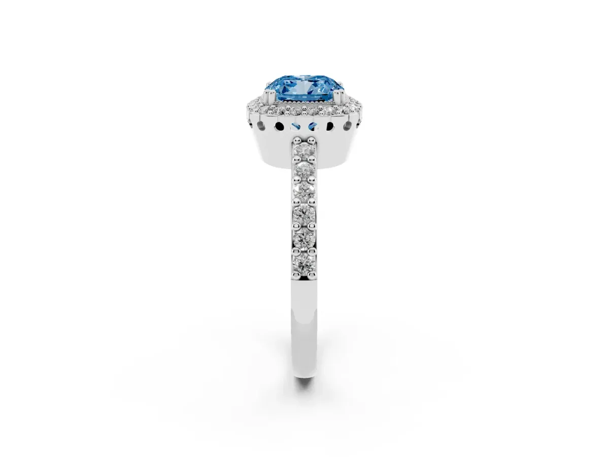 Fancy Blue Cushion Cut Cut Diamond Halo Engagement Ring with Milgrain Detail and Pavé Band Silver