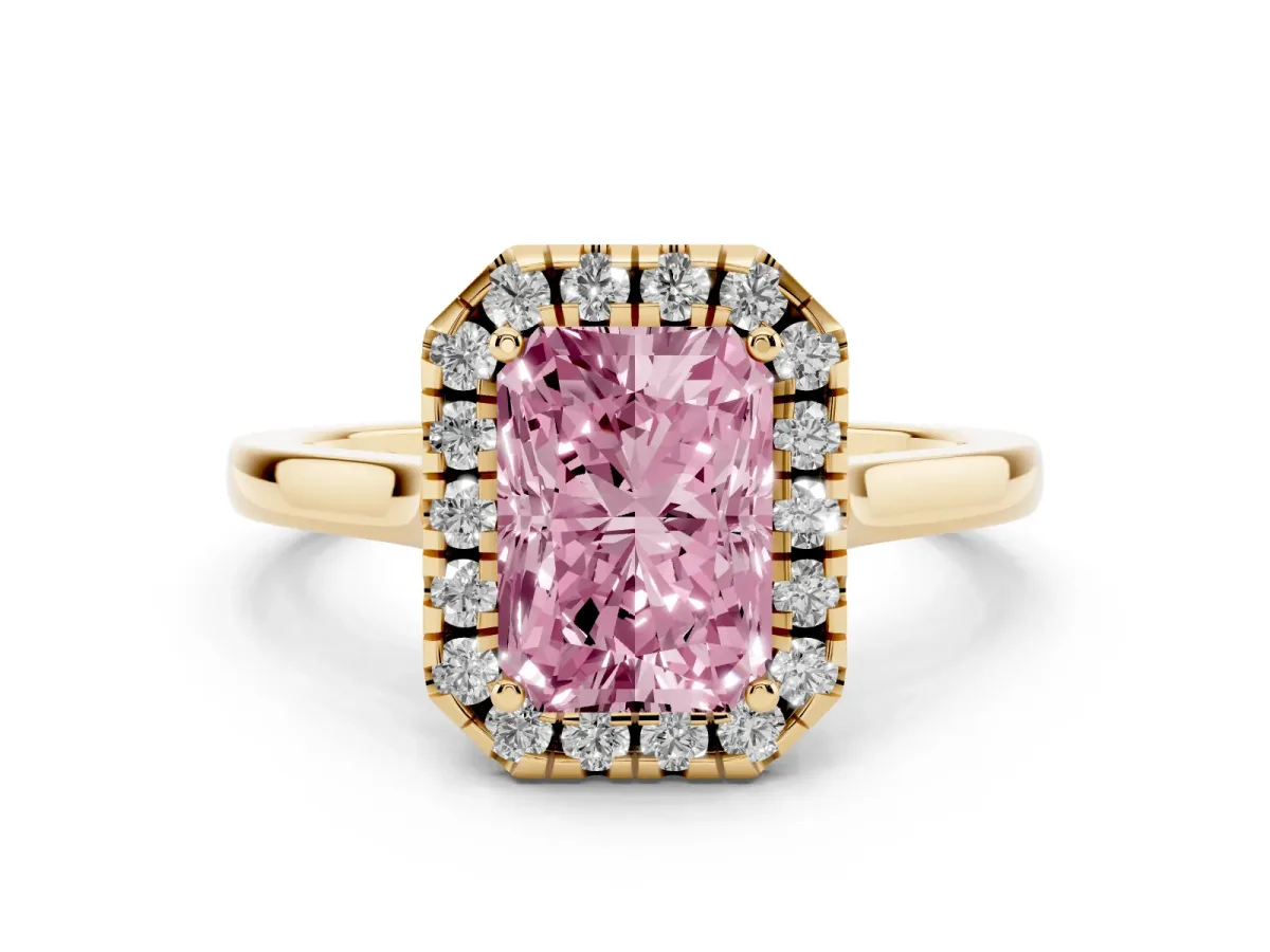 Fancy Pink Radiant Cut Halo Round Diamond Solitaire Ring with Pavé Band and Four-Prong Setting Yellow gold