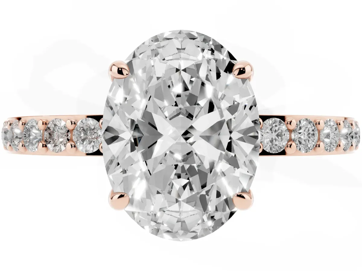 Oval Cut Diamond Pavé Engagement Ring with Round Accents and Prong Setting Rose gold