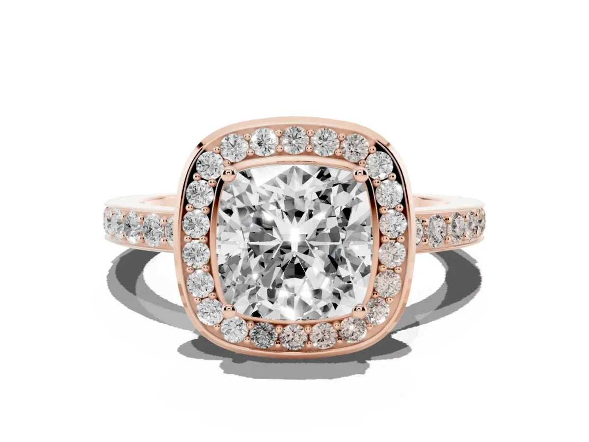 Cushion Cut Diamond Halo Ring with Bezel Frame and Pavé Band Rose gold