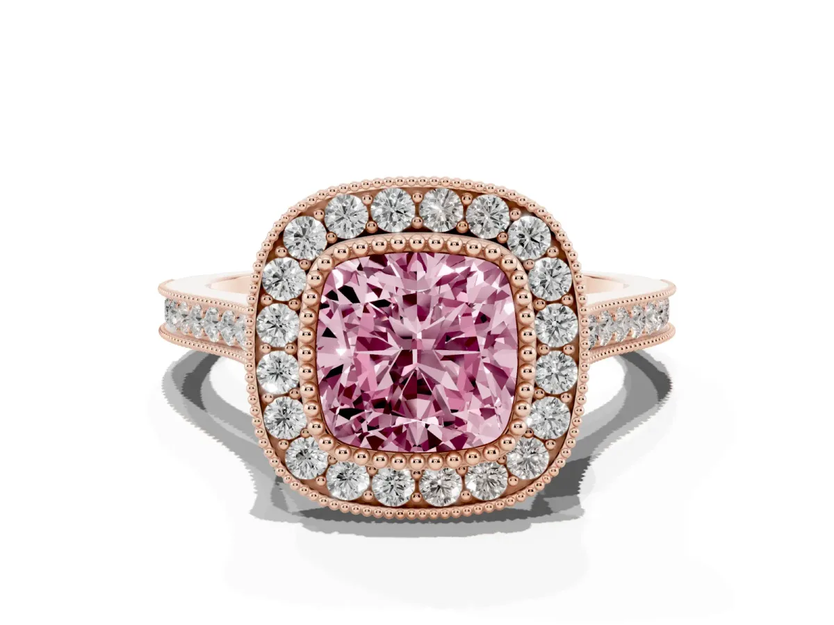 Fancy Pink Cushion Cut Diamond Halo Ring with Milgrain Frame and Pavé Band Rose gold