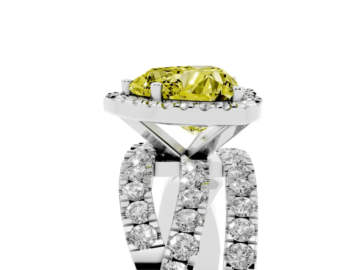 Fancy Yellow Heart Cut Diamond Halo Ring with Round Split Shank and Prong Setting Silver
