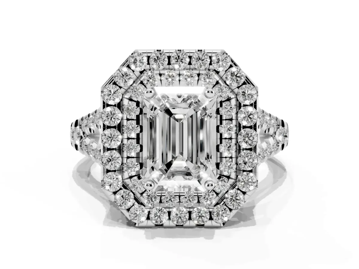 Double Halo Emerald Cut Diamond Pavé Split Shank Ring with Prong Setting White gold