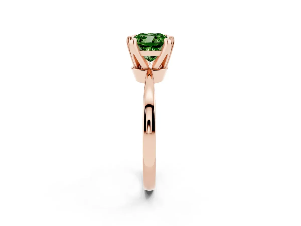 Fancy Green Cushion Cut Solitaire Engagement Ring with Six-Prong Setting and Tapered Band Rose gold