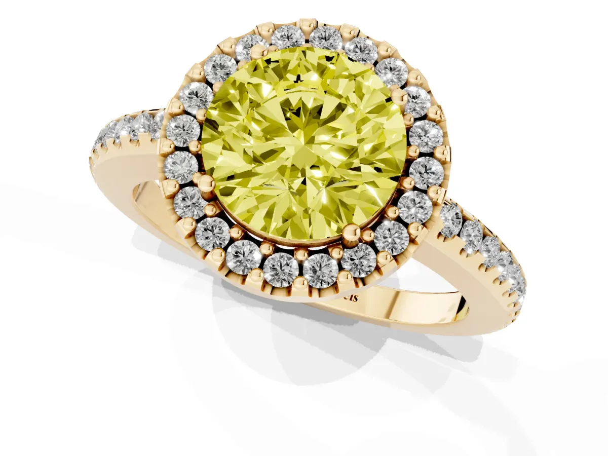 Fancy Yellow Round Cut Diamond Pavé Halo Ring with Four-Prong Setting Yellow gold