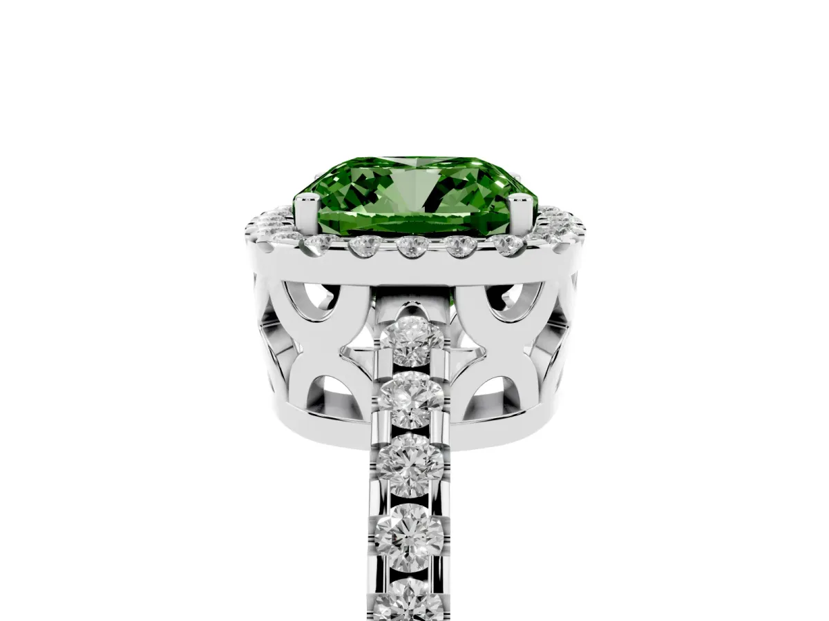 Fancy Green Cushion Cut Diamond Halo Engagement Ring with Pavé Band and Prong Setting Silver