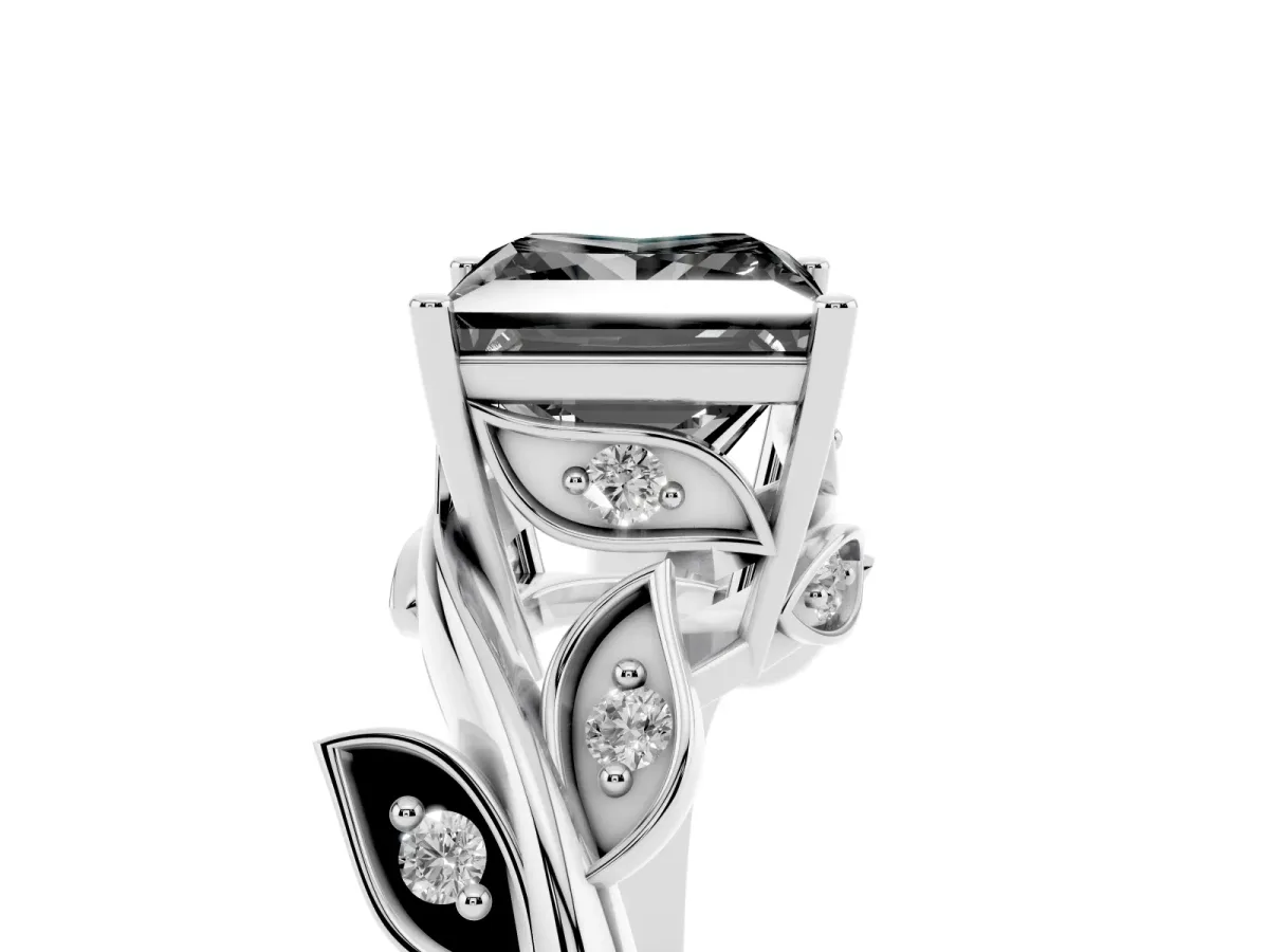 Fancy Black Princess Cut Solitaire Twist Engagement Ring with Leaf Accents and Prong Setting White gold