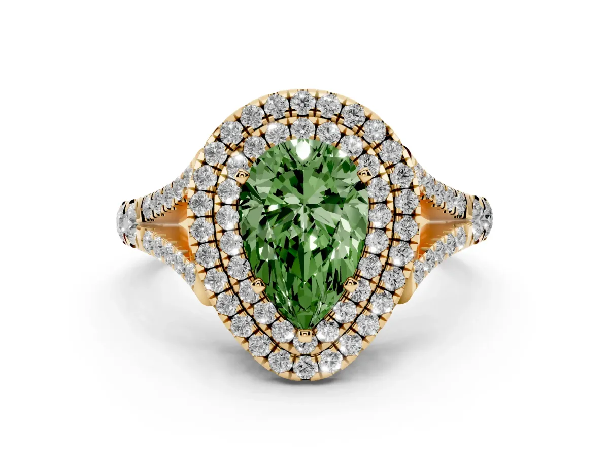 Fancy Green Pear Cut Diamond Double Halo Ring with Split Shank and Prong Setting Yellow gold