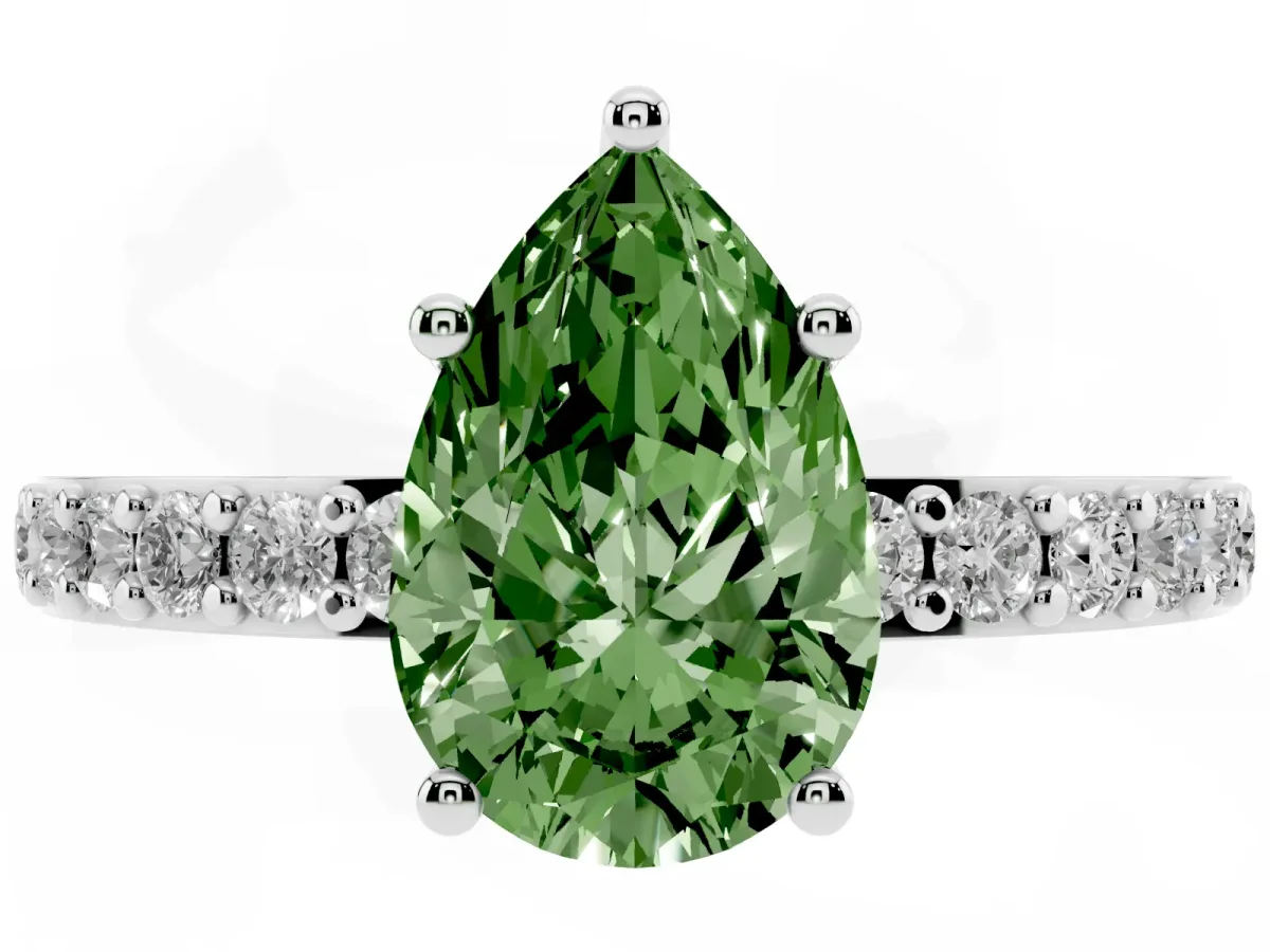 Fancy Green Pear Cut Cut Diamond Solitaire with Pave Band and Four-Prong Setting Silver