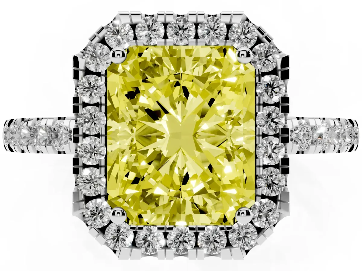 Fancy Yellow Radiant Cut Halo Diamond Engagement Ring with Pavé Band and Four-Prong Setting White gold