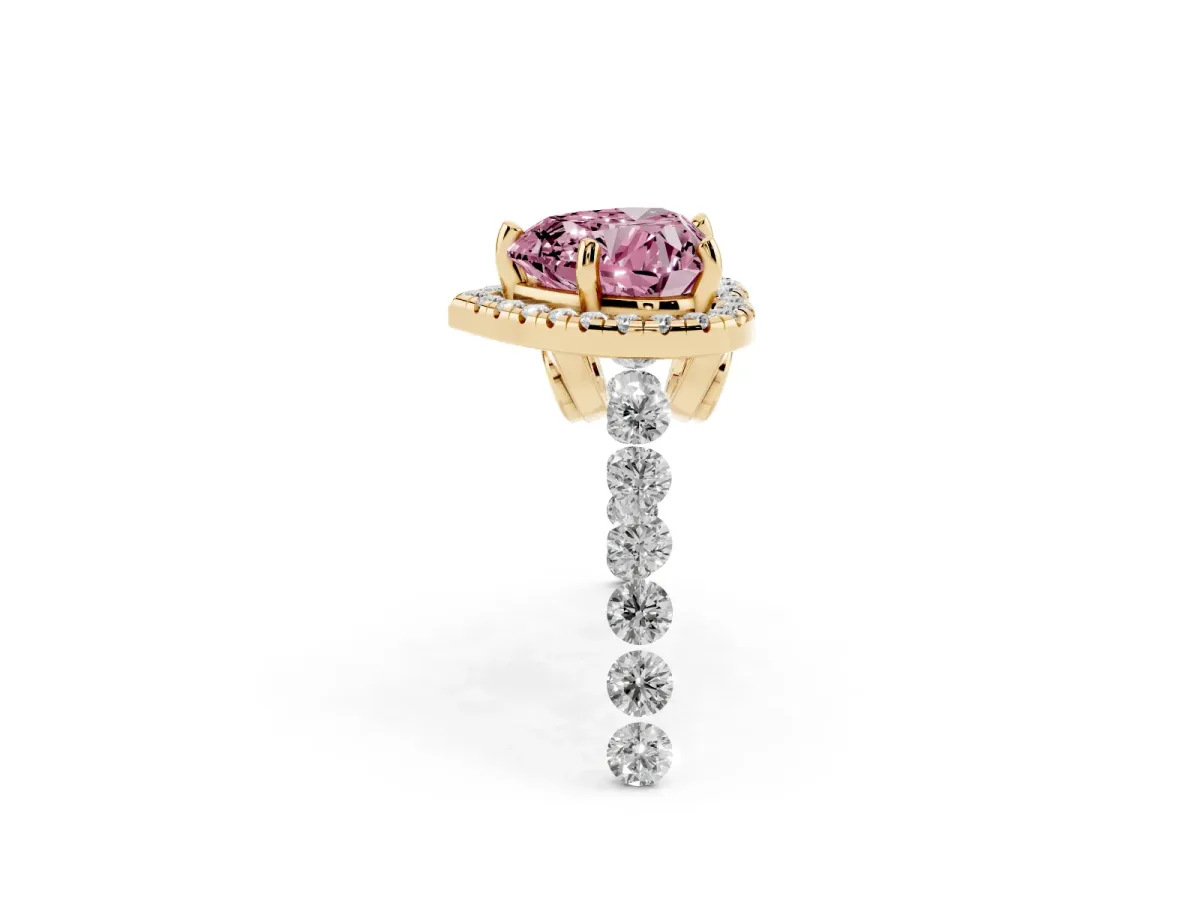 Fancy Pink Heart Cut Halo Pavé Diamond Engagement Ring with Four-Prong Setting Yellow gold