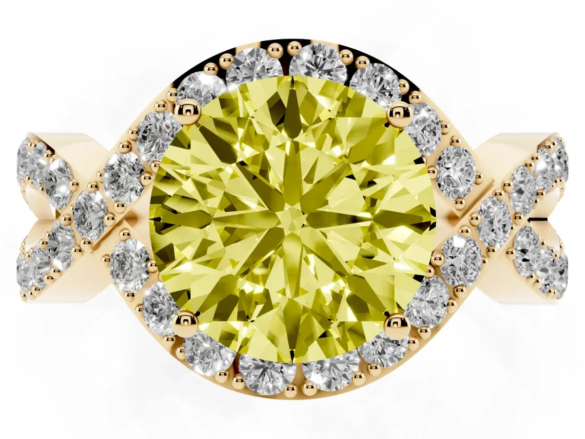 Fancy Yellow Round Cut Solitaire Twist Band Pavé Diamond Engagement Ring Yellow gold