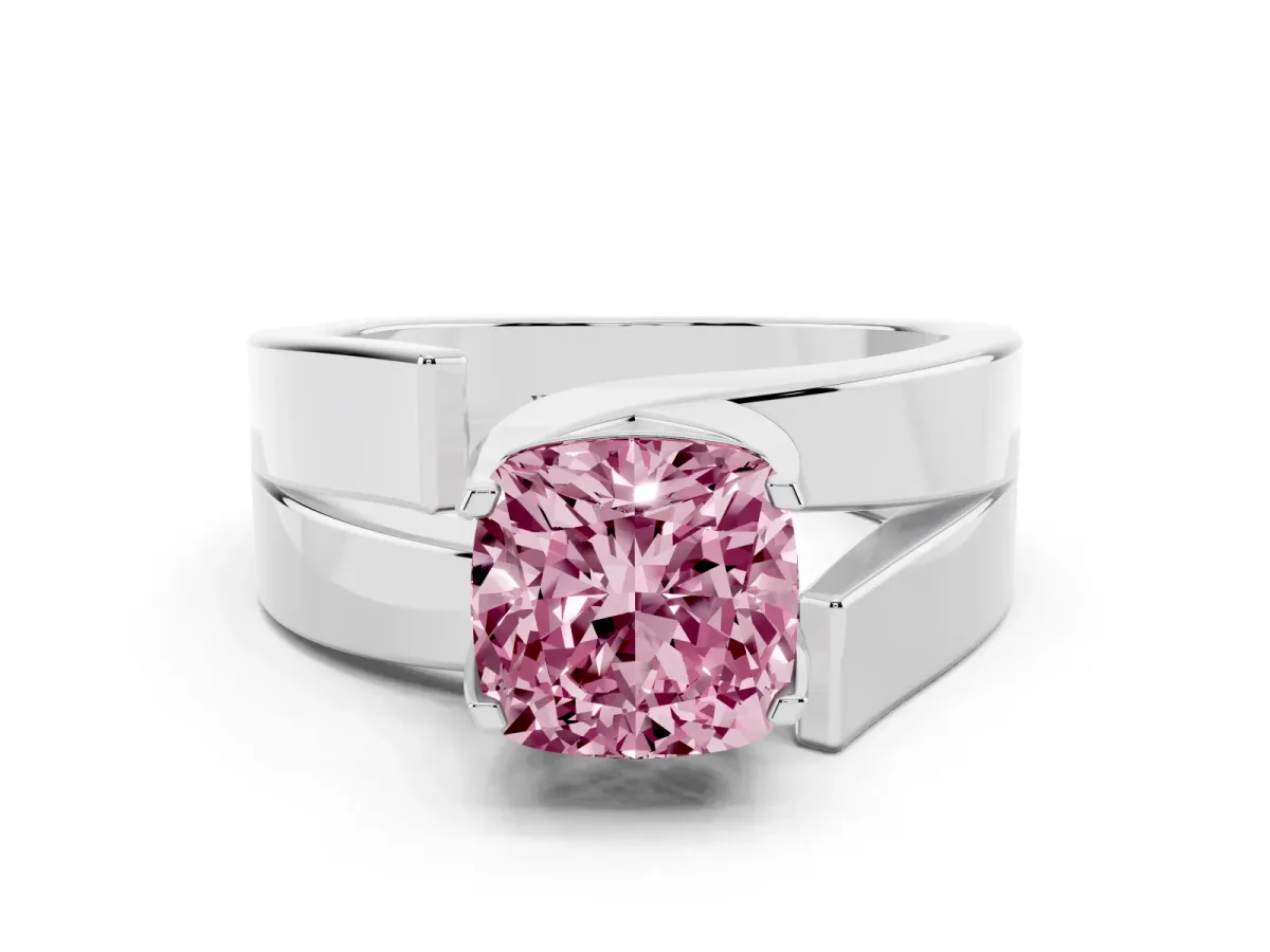 Fancy Pink Modern Tension Set Cushion Cut Diamond Solitaire Wide Band Ring Silver