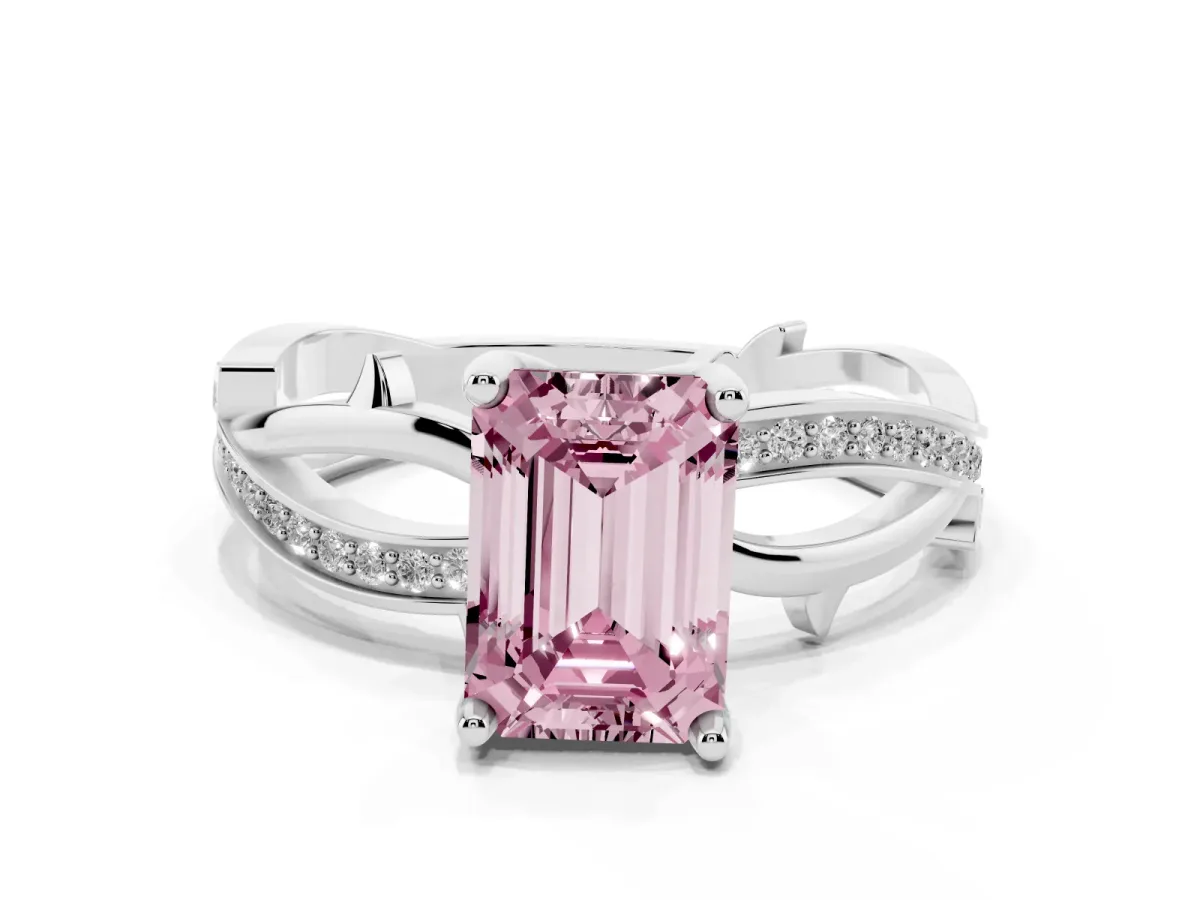 Fancy Pink Emerald Cut Solitaire Twist Band with Pavé Accents and Four-Prong Setting Silver