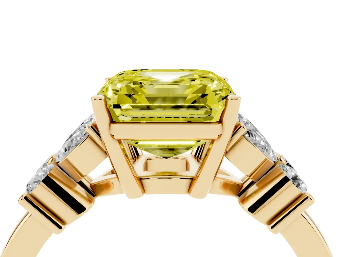 Fancy Yellow Asscher Cut Diamond Floral Cluster Ring with Solitaire Band and Prong Setting Yellow gold