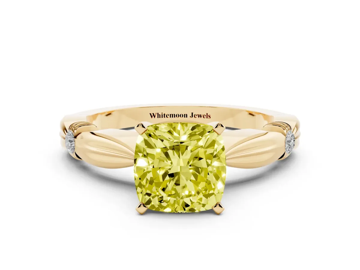 Fancy Yellow Cushion Cut Solitaire Diamond Twisted Band with Four-Prong Setting Yellow gold