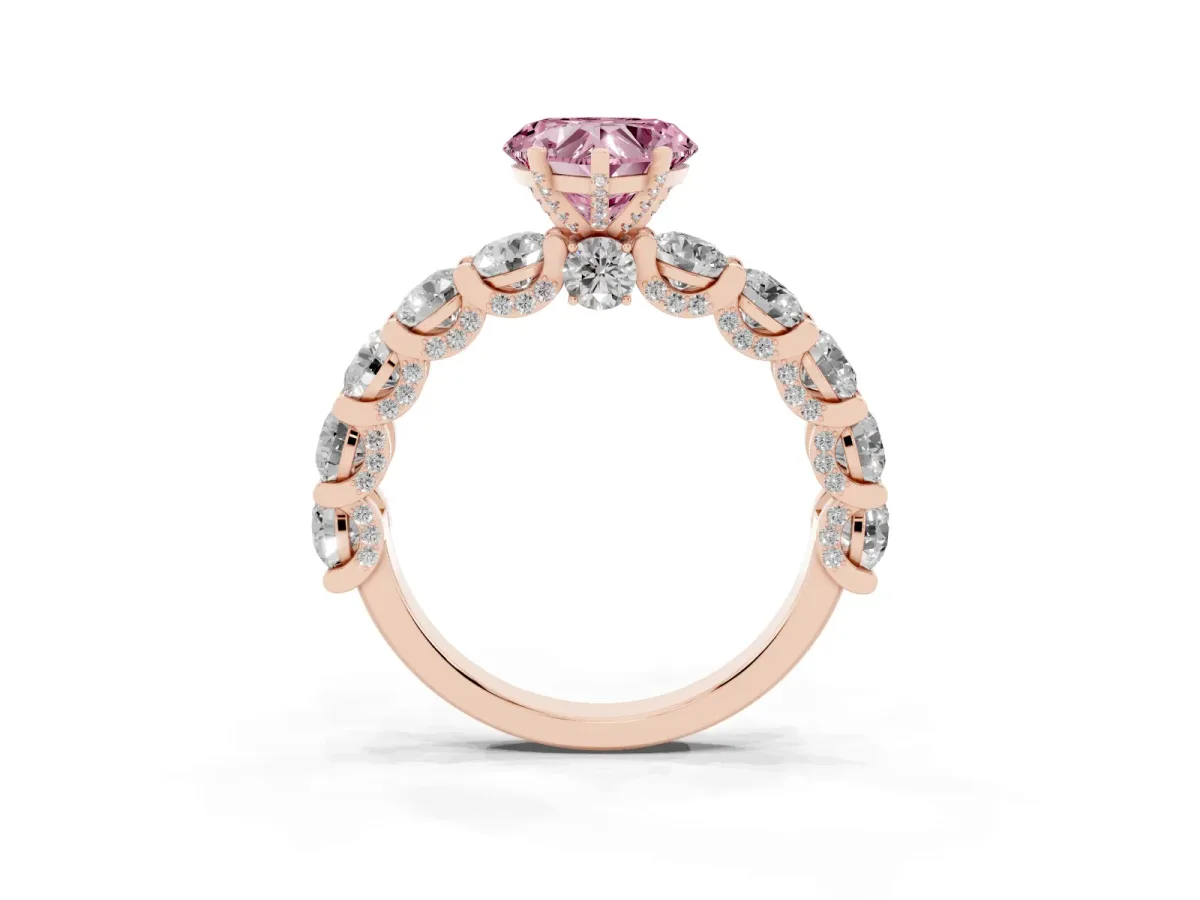 Fancy Pink Heart Cut Diamond Side Stone Engagement Ring with Four-Prong Setting Rose gold