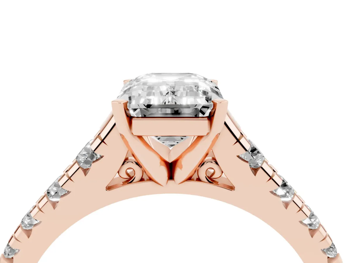 Emerald Cut Diamond Cathedral Solitaire Ring with Round Pavé Band Rose gold
