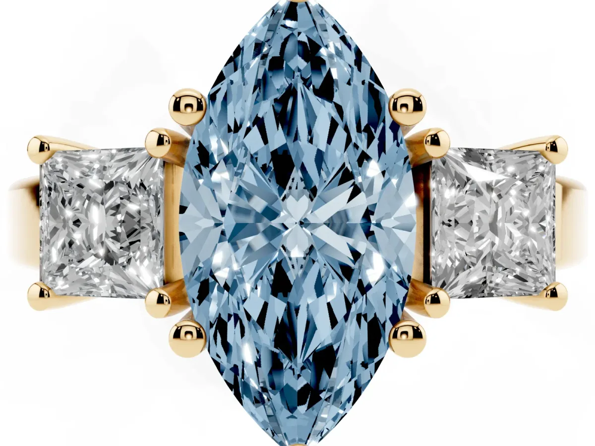 Fancy Blue Three-Stone Marquise Cut Cut Solitaire Ring with Prong Setting Yellow gold