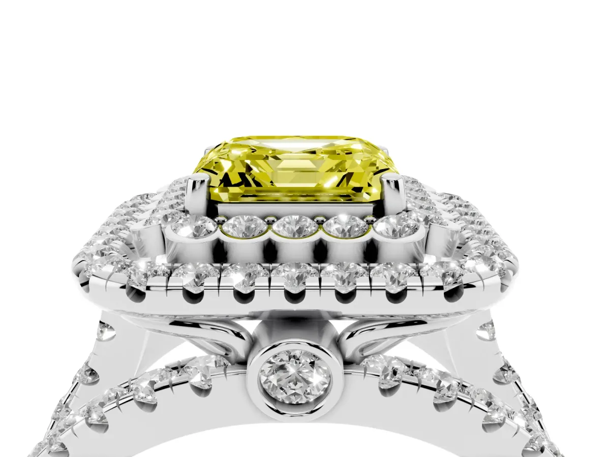 Fancy Yellow Asscher Cut Diamond Double Halo Ring with Round Pavé Split Shank and Prong Setting Silver