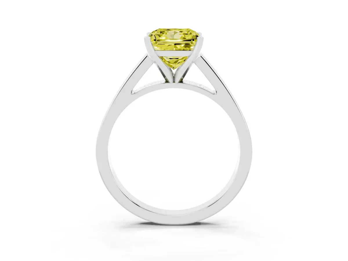 Fancy Yellow Princess Cut Solitaire Engagement Ring with Four-Prong Setting and Tapered Band Platinum