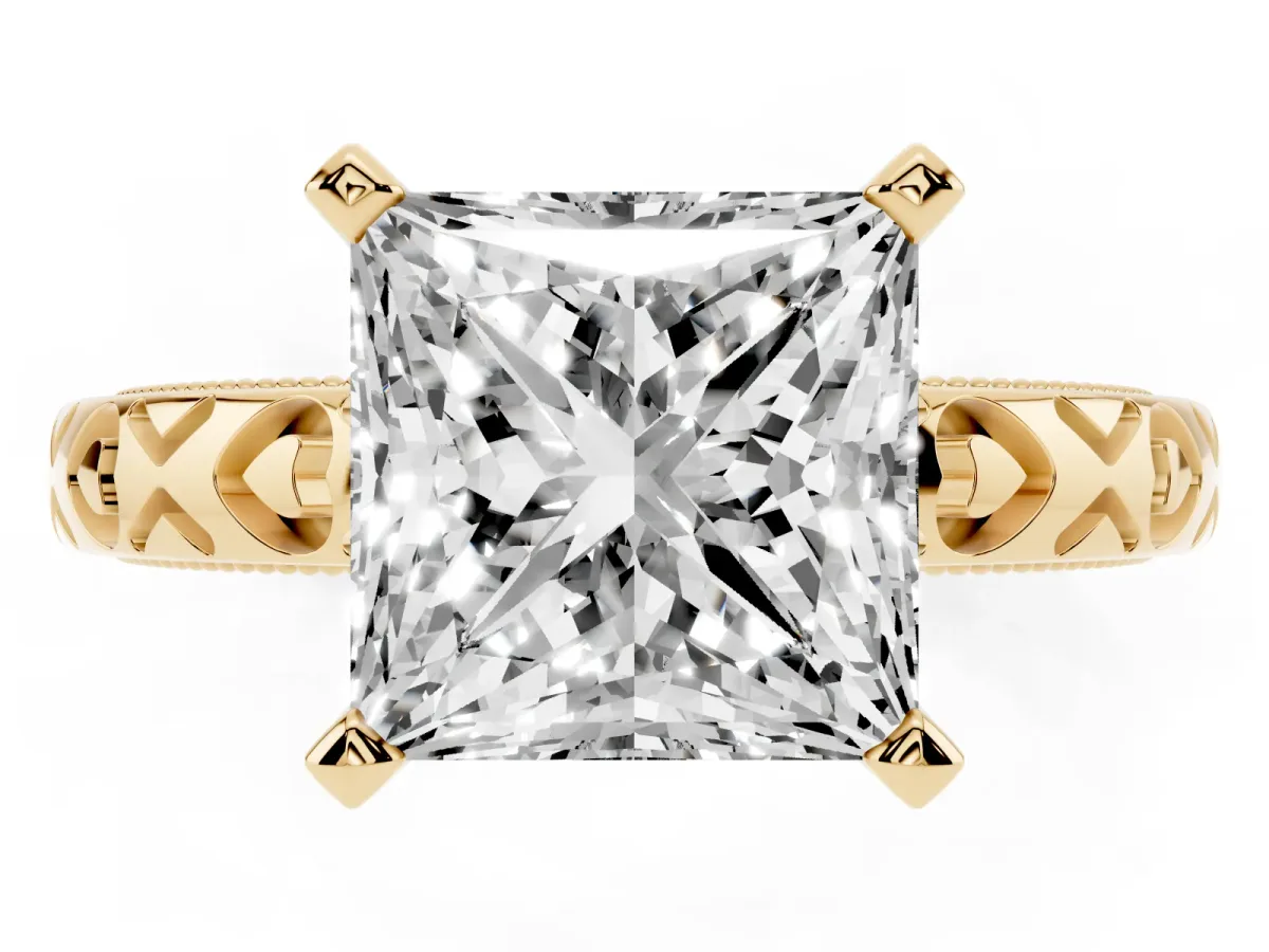 Princess Cut Solitaire Diamond Engagement Ring with XO Engraved Band and Four-Prong Setting Yellow gold