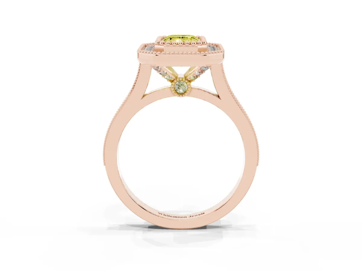 Fancy Yellow Emerald Cut Diamond Halo Ring with Milgrain Frame and Pavé Band Rose gold
