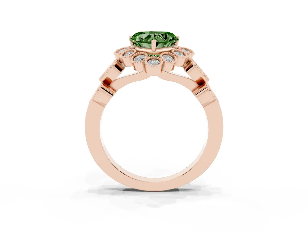 Fancy Green Heart Cut Brilliant Milgrain Pave Heart Band Solitaire Ring Rose gold