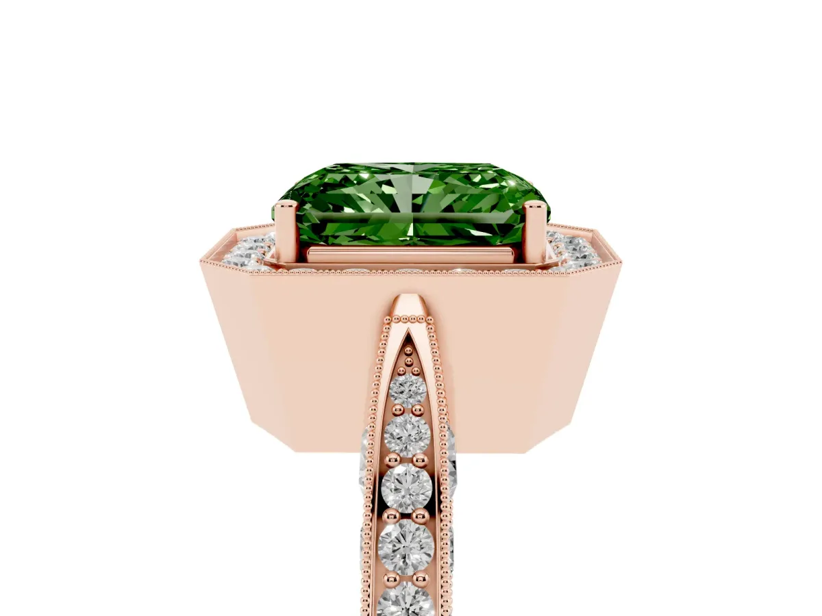 Fancy Green Radiant Cut Halo Diamond Engagement Ring with Split Shank Band and Four-Prong Setting Rose gold