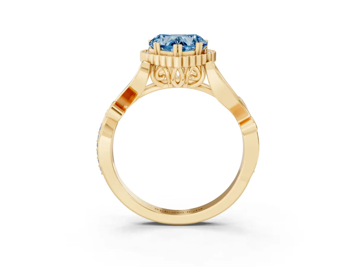 Fancy Blue Heart Cut Diamond Halo Ring with Vintage Split Shank and Four-Prong Setting Yellow gold