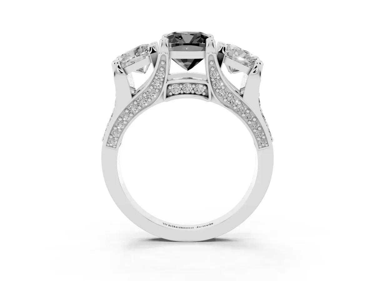 Fancy Black Cushion Cut Diamond Three-Stone Ring with Channel Set Band and Four-Prong Setting Silver
