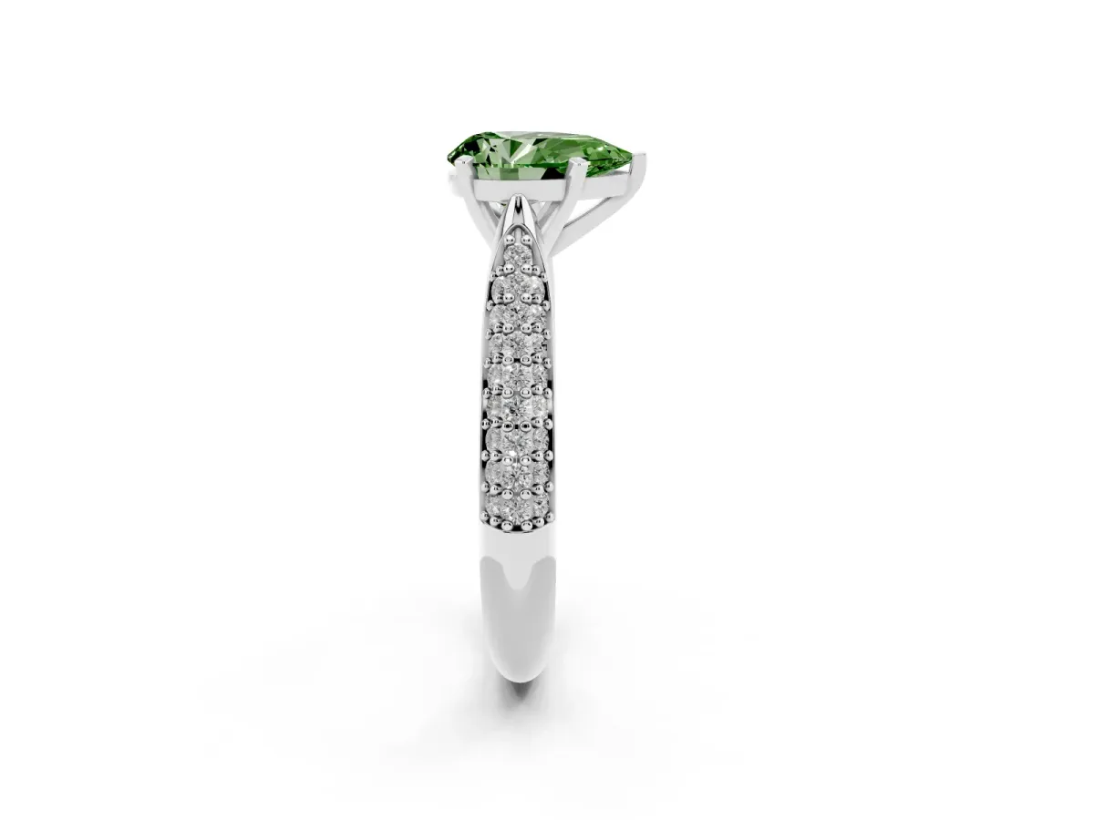 Fancy Green Pear Cut Diamond Solitaire Engagement Ring with Multi-Row Round Pavé Band and Prong Setting Silver