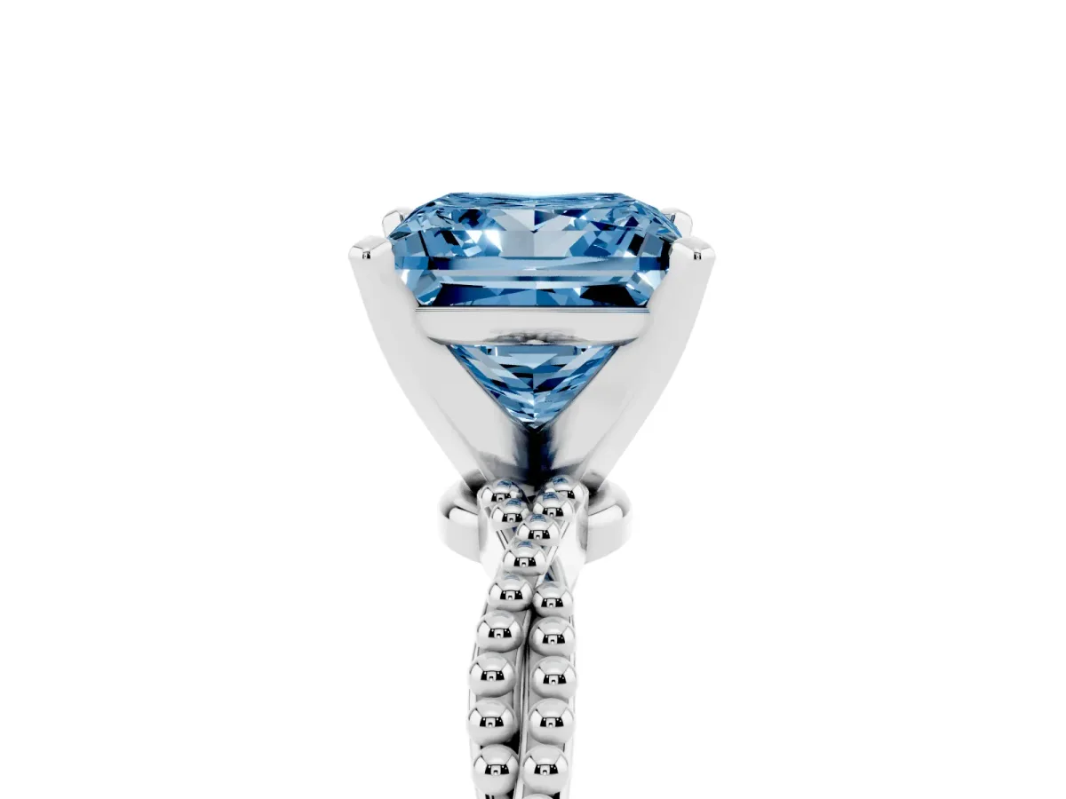 Fancy Blue Princess Cut Solitaire Twisted Band with Bead Prong Setting Silver