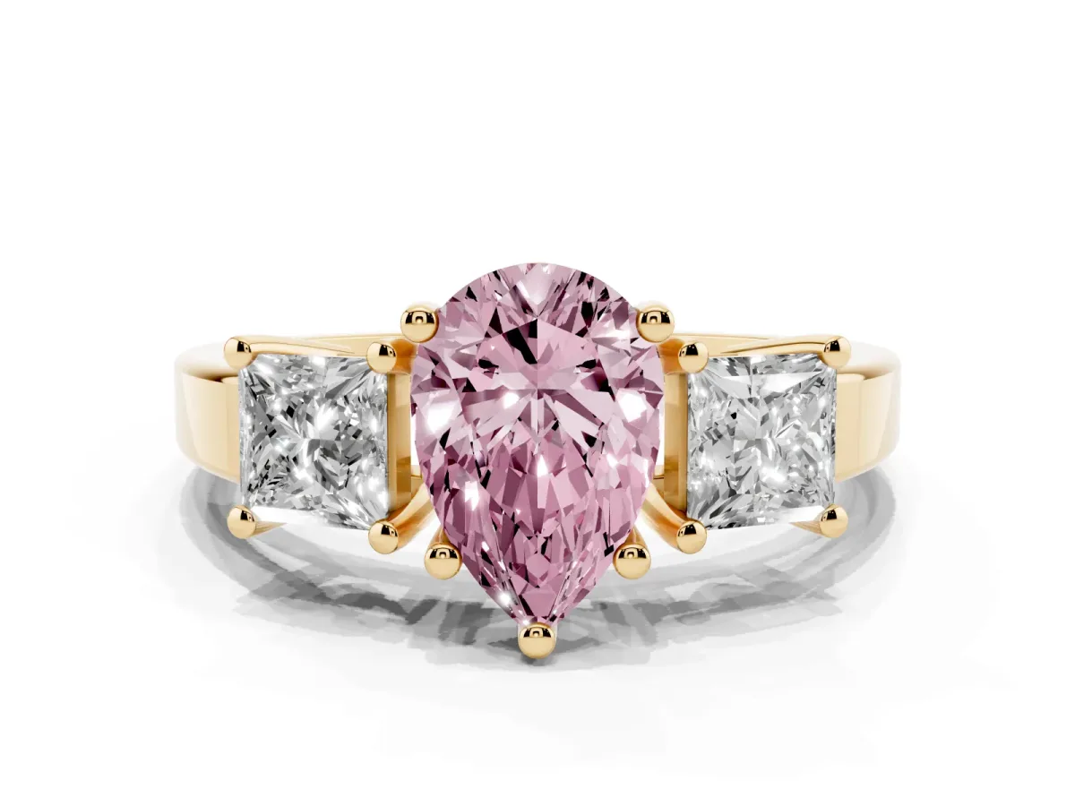 Fancy Pink Three-Stone Pear Cut Cut Solitaire Ring with Prong Setting Yellow gold