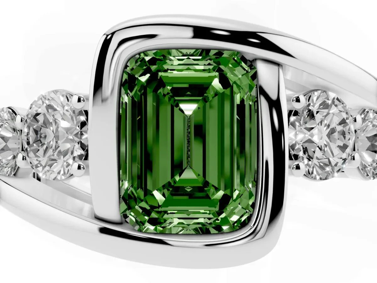 Fancy Green Bezel Set Emerald Cut Diamond Bypass Ring with Round Accents Silver